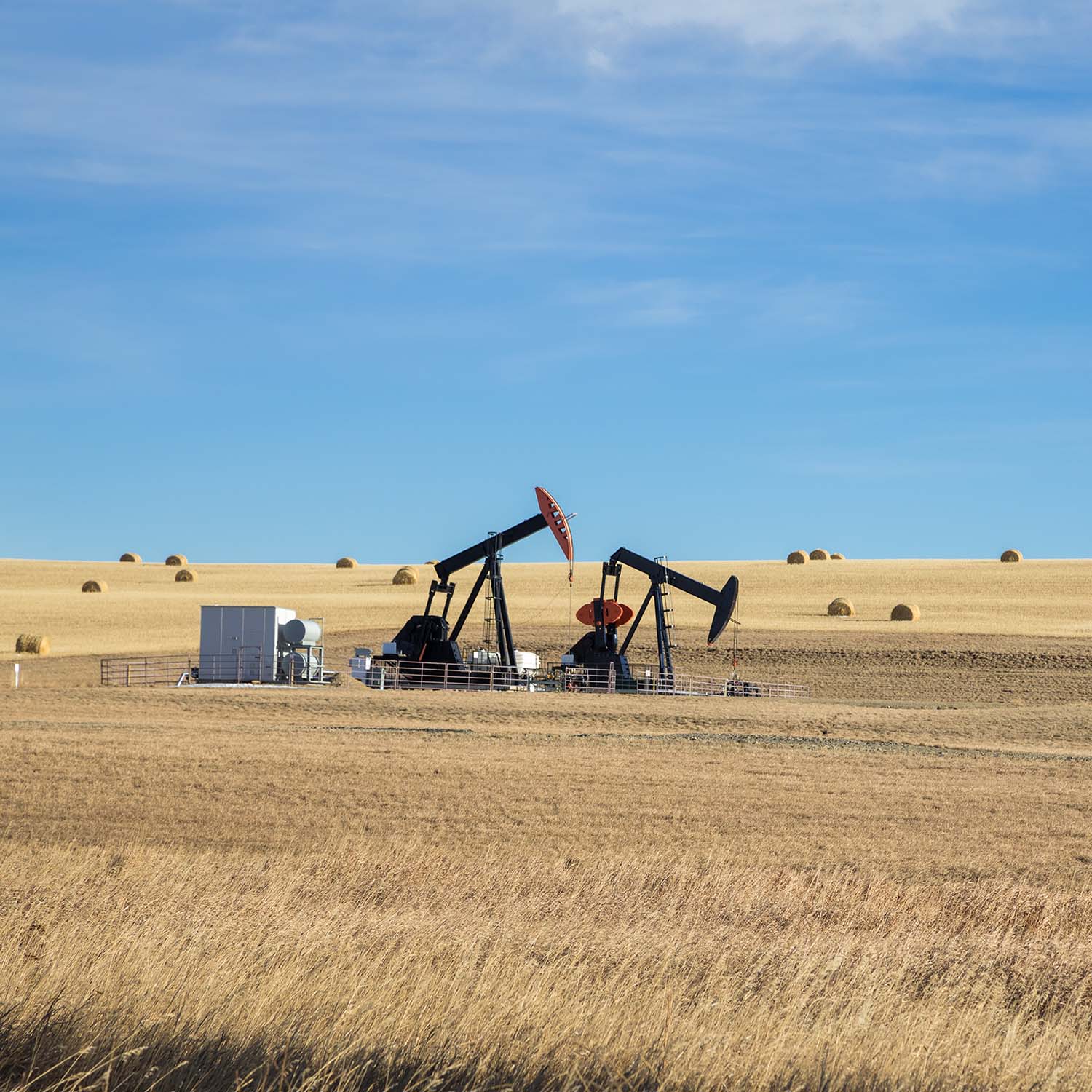 Brookside Energy, pump jacks in hay field
